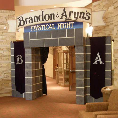harry potter themed entryway with flags on sides